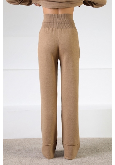 Ferraro Camel Beli Kuşaklı Cepli Kaşmirli Kadın Triko Pantolon Camel