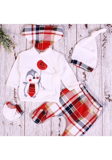 Yeni Doğan Ekose Penguen Fularlı 5'li Erkek Bebek Takımı Kırmızı Kırmızı