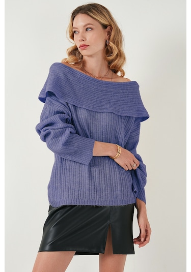 Lela Oversize Fit Madonna Yaka Triko Bayan Kazak 4615216 Lila