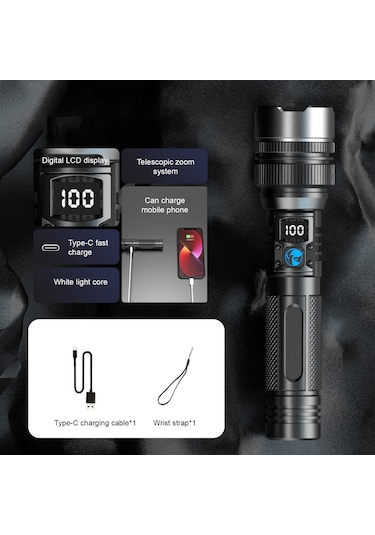 Ranyeek Alüminyum Vücut Beyaz Lazer Feneri, Geniş Ve Uzun Mesafe Işık, Su Geçirmez, Pil Göstergesi, Type-c Şarj, Cep Telefonu Şarj Edici, 1800mah Pil, Siyah Siyah