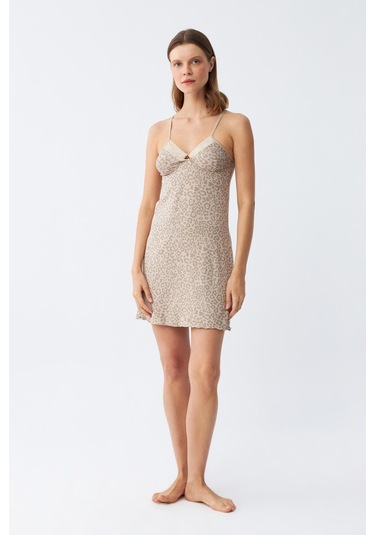 Akbeniz Kadın Penye Vizon Leopar Desenli İp Askılı Gecelik 36717 Vizon