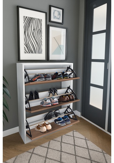 3 Bölmeli Ayakkabılık - Çam Ve Beyaz Çam-beyaz