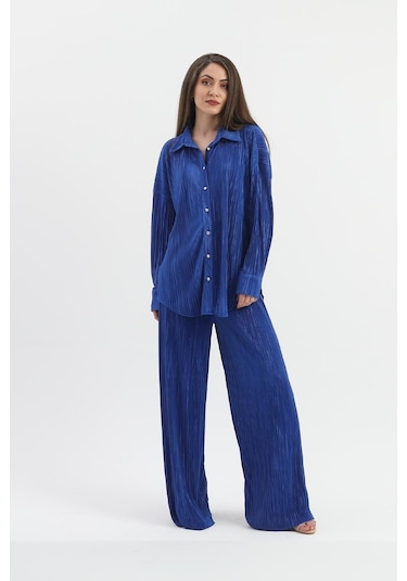 Düğme Detaylı Örme Pilise Takım - Saksmavisi-saksmavisi Saks Mavisi