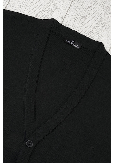 Ön Cepli V Yaka Battal Büyük Boy Düğmeli Yünlü Triko Hırka Siyah