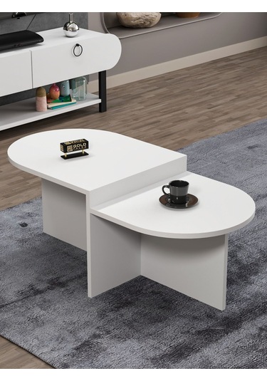 Tv Sehpası Ünitesi Tekli Orta Sehpa 3'lü Zigon Sehpa Set Üç Ürün Beyaz Beyaz