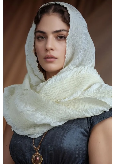 Rosehan Collection El Dokuması Krem İpek Şal - Gofreli - Ödemiş İpeği