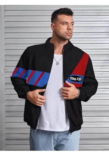 Unisex Uzun Koll Fermuarlı Baskılı Rüzgarlik - Siyah Siyah