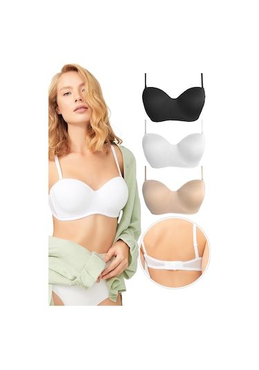 Balenli Toparlayıcı Dolgusuz Straplez Lotus Sütyen 3'lü Paket Çok Renkli
