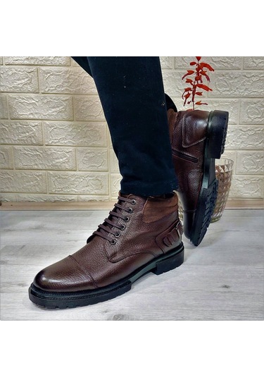 M.p 4201 Kahve Hakiki Deri Bağacaklı Fermuarlı Fuspetli Erkek Bot 001