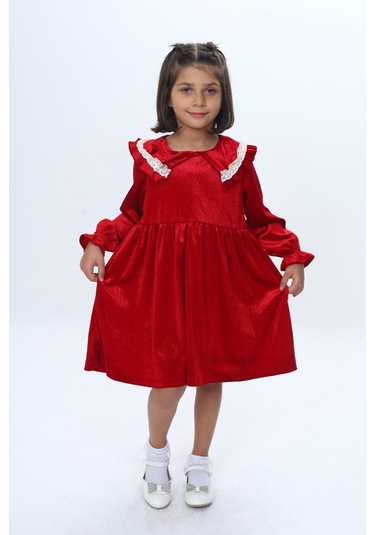 Toontoy Kız Çocuk Yaka Detaylı Fırfırlı Elbise Kırmızı
