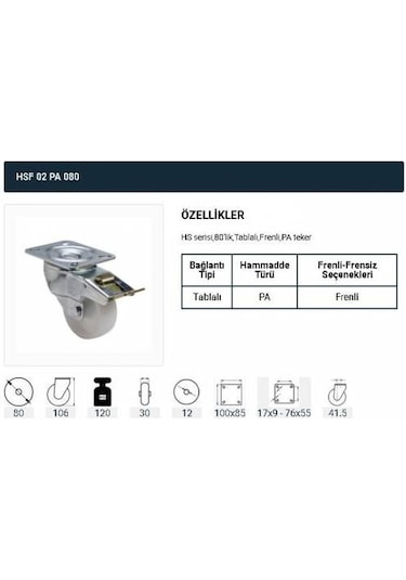 Frenli Dönerli Tablalı Servis Tekeri Polyemid 80 Mm Uygur 2 Ad