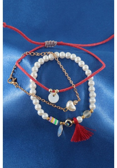 3lü Nazar Boncuklu İncili Püsküllü Asansörlü Lastikli Kırmızı İp Bileklik. Kadın İp Bileklik Halhal Çok Renkli