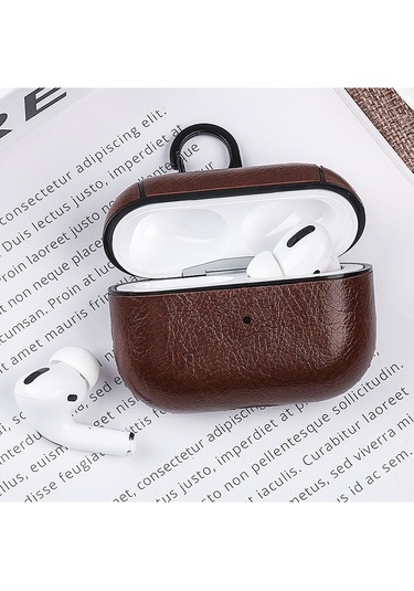 Airpods Uyumlu Pro 2. Nesil Lüx Deri Suni Deri Kılıf 360 Koruma+kanca Koyu Kahverengi