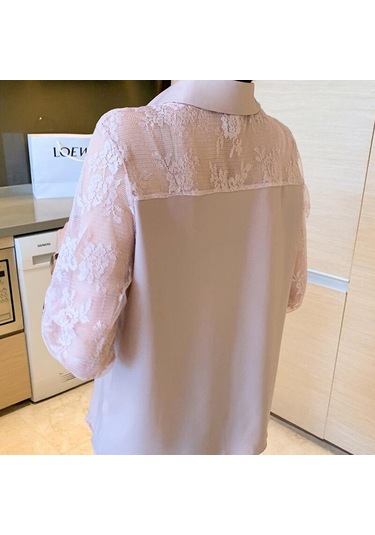 Moda Hollow Polo Yaka Üst Hırka Bluz Sonbahar Yaka Dantel Dikiş Şifon Gömlek Kadın Zarif Taban Bluzlar Kadın 16623 Pembe