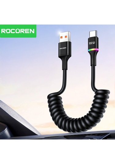 Rocoren 100w 7a Spiral Rgb Led Işıklı Spiral Type-c Hızlı Şarj Ve Data Kablosu 1.6 Metre