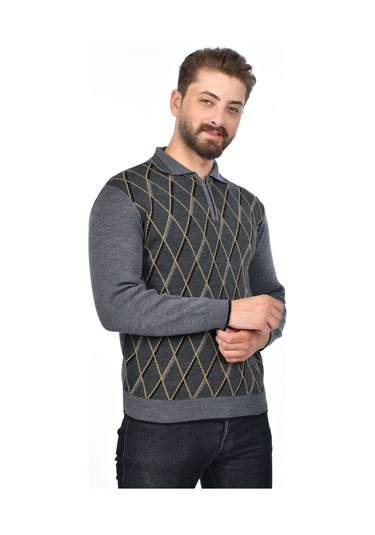 Kamalı Erkek Çelik Örgü Baklava Desenli Gömlek Yaka Fermuarlı Polo Yakalı Tüylenmez Triko Kışlık Baba Kazak Gri