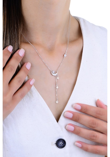 Gümüş Rodyumlu Zirkon Ve Sedef Taşlı Ay Işığı Yıldız Yağmuru Kolye Barcode Gümüş