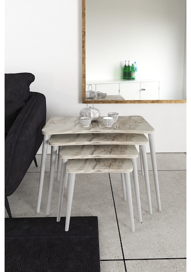 Selen 4lü Zigon Sehpa Ahşap Beyaz Ayaklı Salon Seti Çay Sehpası Beyaz Mermer