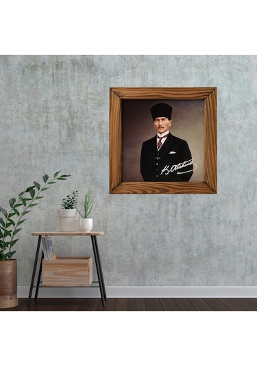 Ahşap Çerçeveli Atatürk Portresi Seramik Tablo 29x29cm Model 1