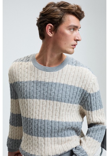 BRAID Erkek Yuvarlak Yaka Saç Örgü Desenli Regular Fit Grimelanj - Bej Kazak