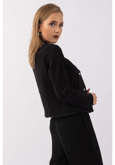 Bold & Young Kadın Yağ Yeşili Power Strech Çıt Çıtlı Slim Fit Denim Ceket Siyah