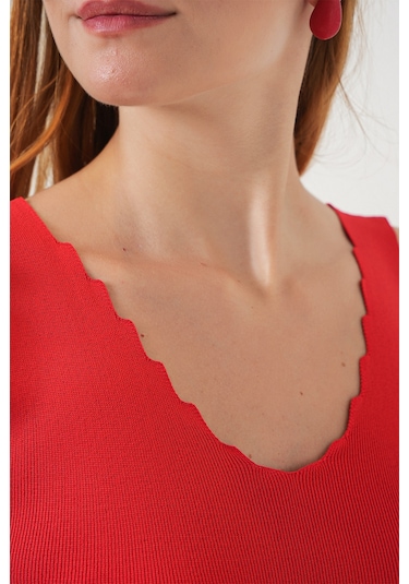 Kadın Zikzaklı V Yaka Bluz 15930 - Kırmızı Kırmızı