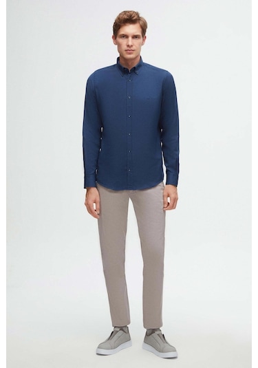 Ds Damat Slim Fit İndigo Oxford Düğmeli Yaka Kolay Ütülenebilir Nakış Detaylı Pamuklu Gömlek 4HC02ORT03265 İndigo