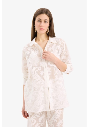 DeFacto Regular Fit Dantel Detaylı Plaj Gömleği-Fall in Love D9768AX25SMWT16 Beyaz