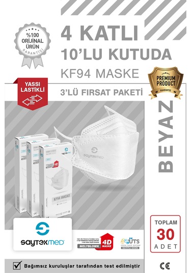 Kf94 Kore Tipi, 4 Katlı, Beyaz Maske, Uv Steril 3 Kutu/ 30 Adet