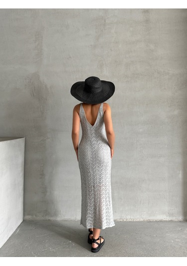 Kadın Askılı Ajurlu Yazlık Triko Elbise Gri