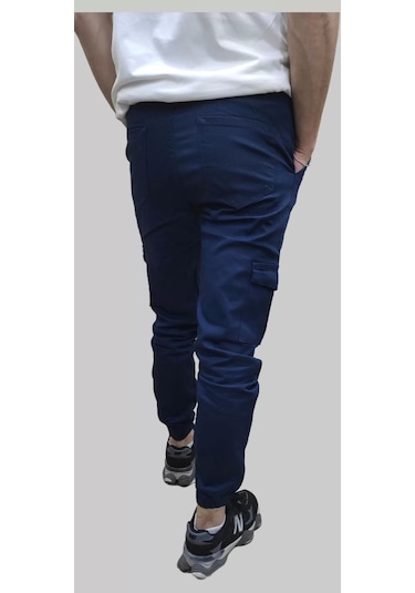 Erkek Jogger Beli Ve Paçası Lastikli Keten İndigo Kargo Pantolon İndigo