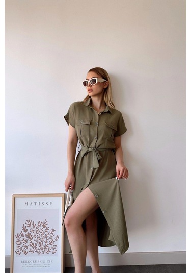 Kadın Haki Kısa Kol, Gömlek Yaka, Düz Desen, Çift Cepli, Aerobin Kumaş, Kuşaklı Maxi Elbise Haki