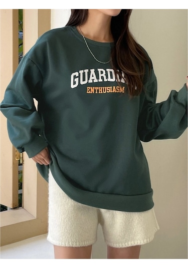 Kadın Nefti Yeşili Guardıan Baskılı Oversize Sweatshirt Nefti Yeşili