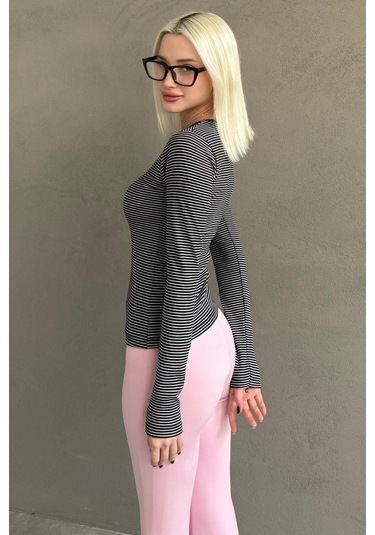 Siyah Çizgili Uzun Kollu Kadın Body Mg2657 Siyah
