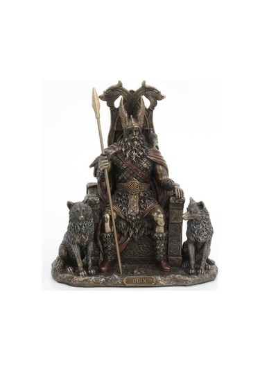 Veronese Design Tahtta Oturan Odin Kurtlarla Birlikte - Viking Dekor Heykeli