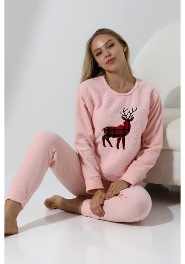 Fawn 5016 Peluş Welsoft Polar Kışlık Yumoş Geyikli Kadın Pijama Takımı - Pembe