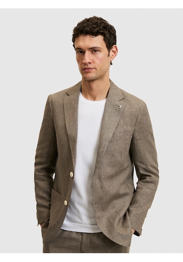 Cacharel Kahverengi Slim Fit %100 Keten Mikro Desen Mono Yaka Ceket Hardal