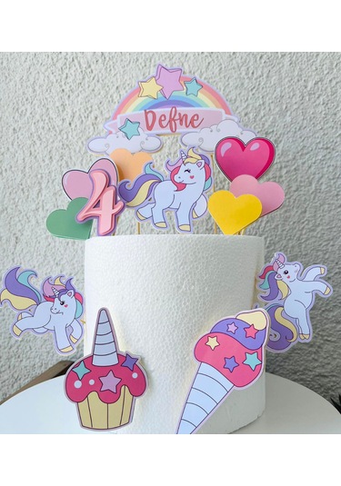 Unicorn Temalı İsme Özel Kız Çocuk Doğum Günü Pasta Süsü Seti