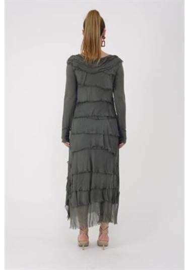 Italyan 2 Beden İnce Gösteren Kat Kat Uzun Kol Taşlanmış İpek Elbise Koyu Haki