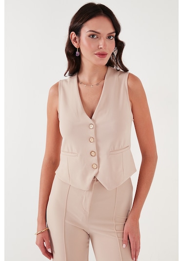 Lela Streç Fitted Fit V Yaka Düğmeli Bayan Yelek 5865971 Taş