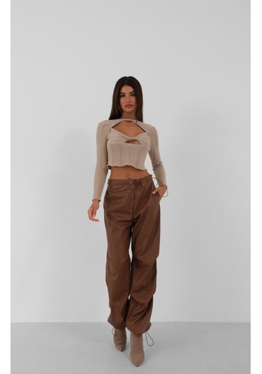 Bel Lastikli Deri Pantolon Kahverengi