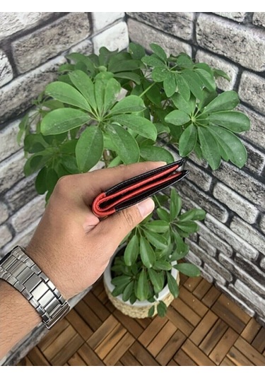 Asyaclub Hakiki Deri Erkek Siyah/Kırmızı Mini Cüzdan Siyah