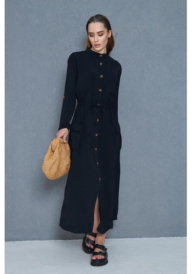 Kadın Yeni Sezon Krep Cepli Uzun Katlanabilir Kollu Büzgülü Elbise Yazlık Günlük Giyçık Siyah