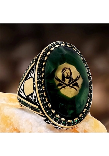 Hz. Ali Ve Zülfikar Motifli Sıkma Kehribarlı Gümüş Erkek Yüzük