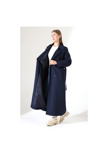 Amazon Keten Kumaş Uzun Boy Düğmeli Astarlı Yumuşak Dokulu Trenç Kot Lacivert Lacivert