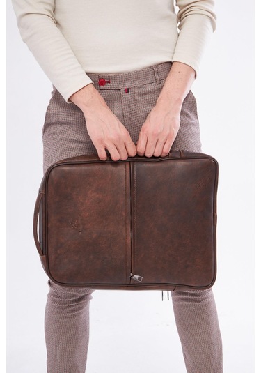 Derinss Dub3050 Hakiki Deri Kahverengi Organizerli Laptop Sırt Çantası 001