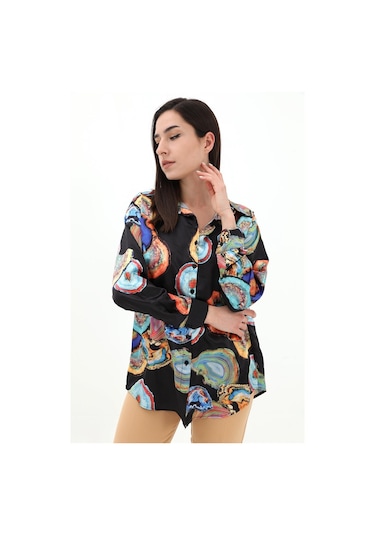 Desenli Saten Gömlek - Siyah-siyah Siyah