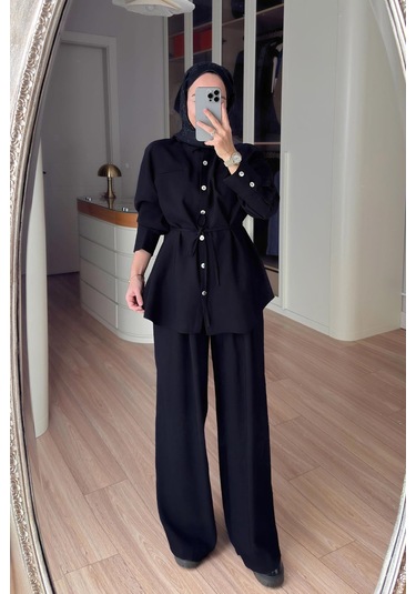 Ka Hijab Bağcıklı Bluz Pantolon Takım - Siyah