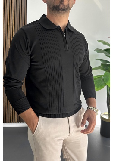 Erkek Çizgi Desenli Normal Kalıp Kazak Siyah Edw422 Siyah