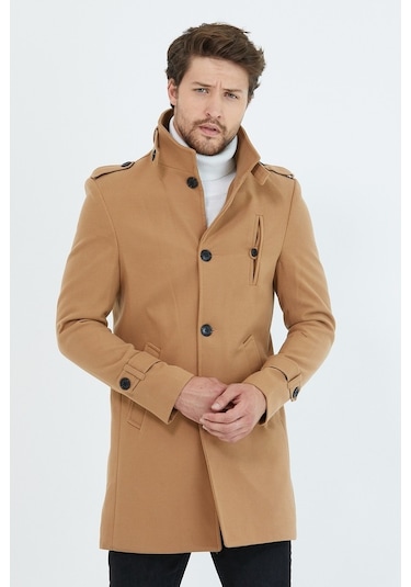 Erkek Vizyon Dar Kesim Dik Yaka Uzun Kaşe Kaban-Vizon